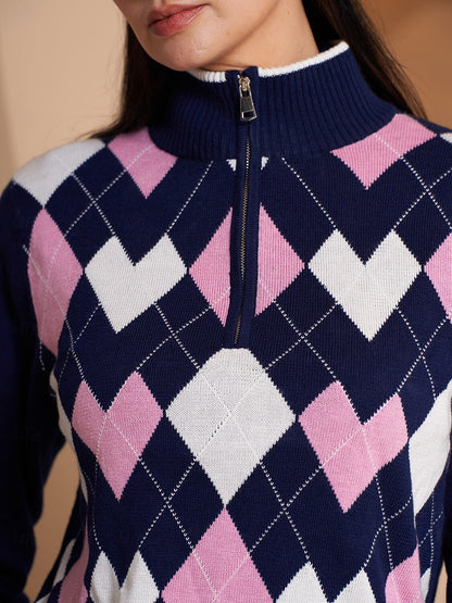 Midtown Diamond Argyle Zip Sweater